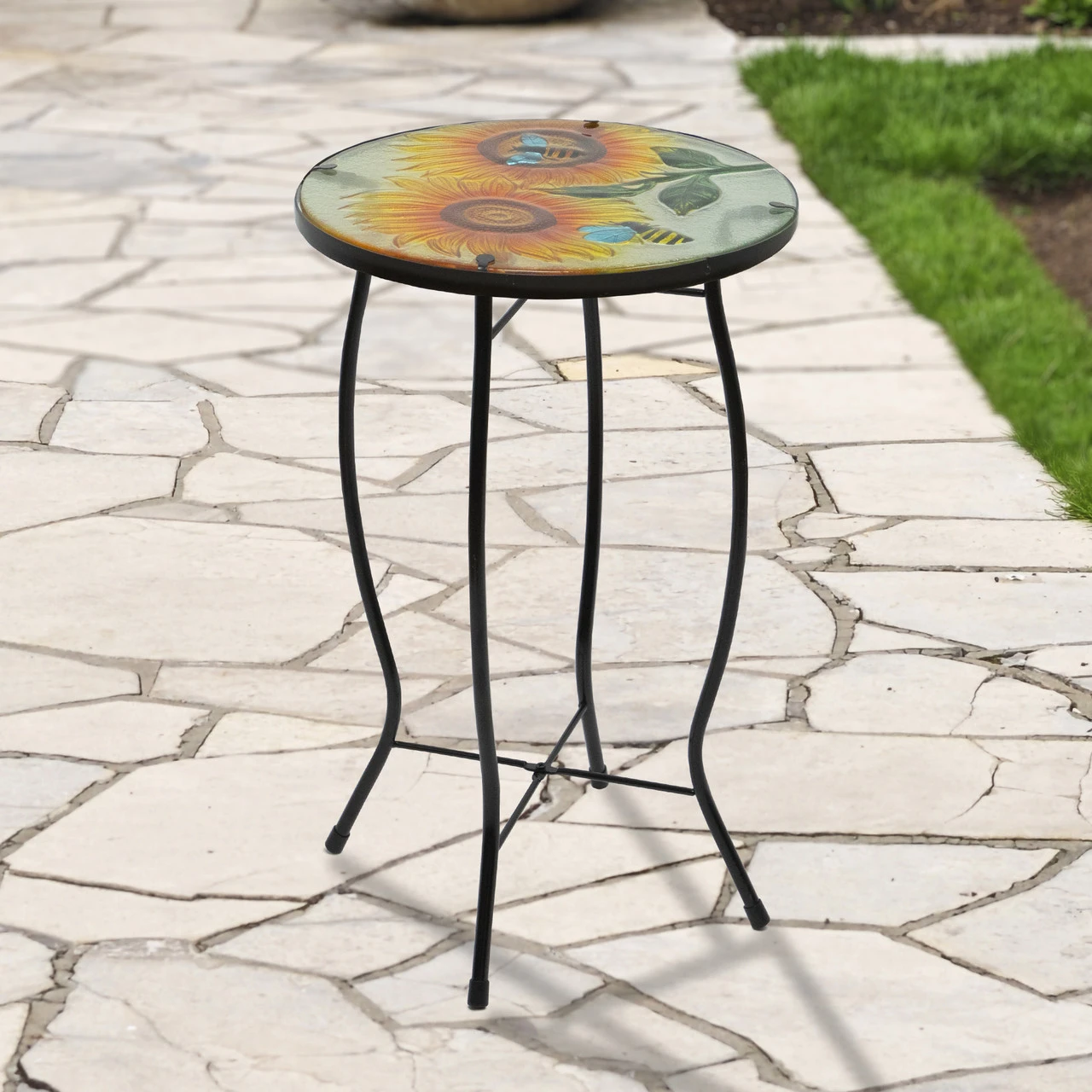 19" Sunflower And Bumblebee Glass Patio Side Table 2 19" Sunflower And Bumblebee Glass Patio Side Table - Image 2