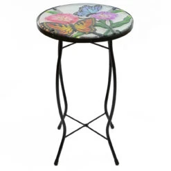 19" Floral And Butterfly Glass Patio Side Table