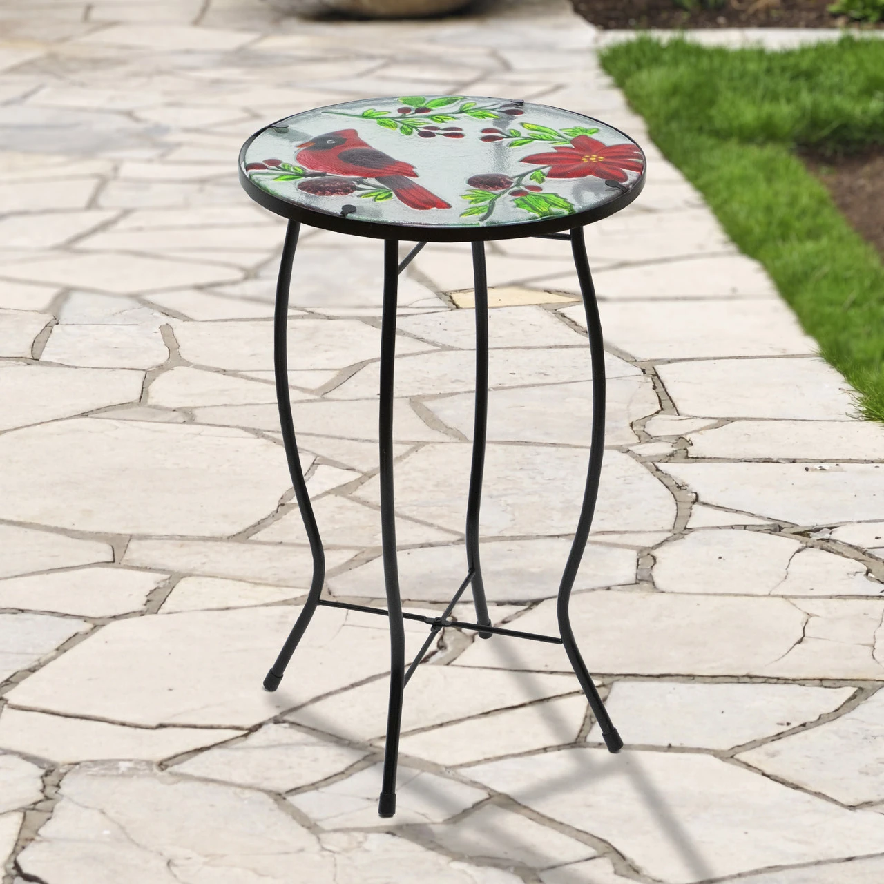 19" Red Cardinal And Pine Cone Glass Patio Side Table 2 19" Red Cardinal And Pine Cone Glass Patio Side Table - Image 2
