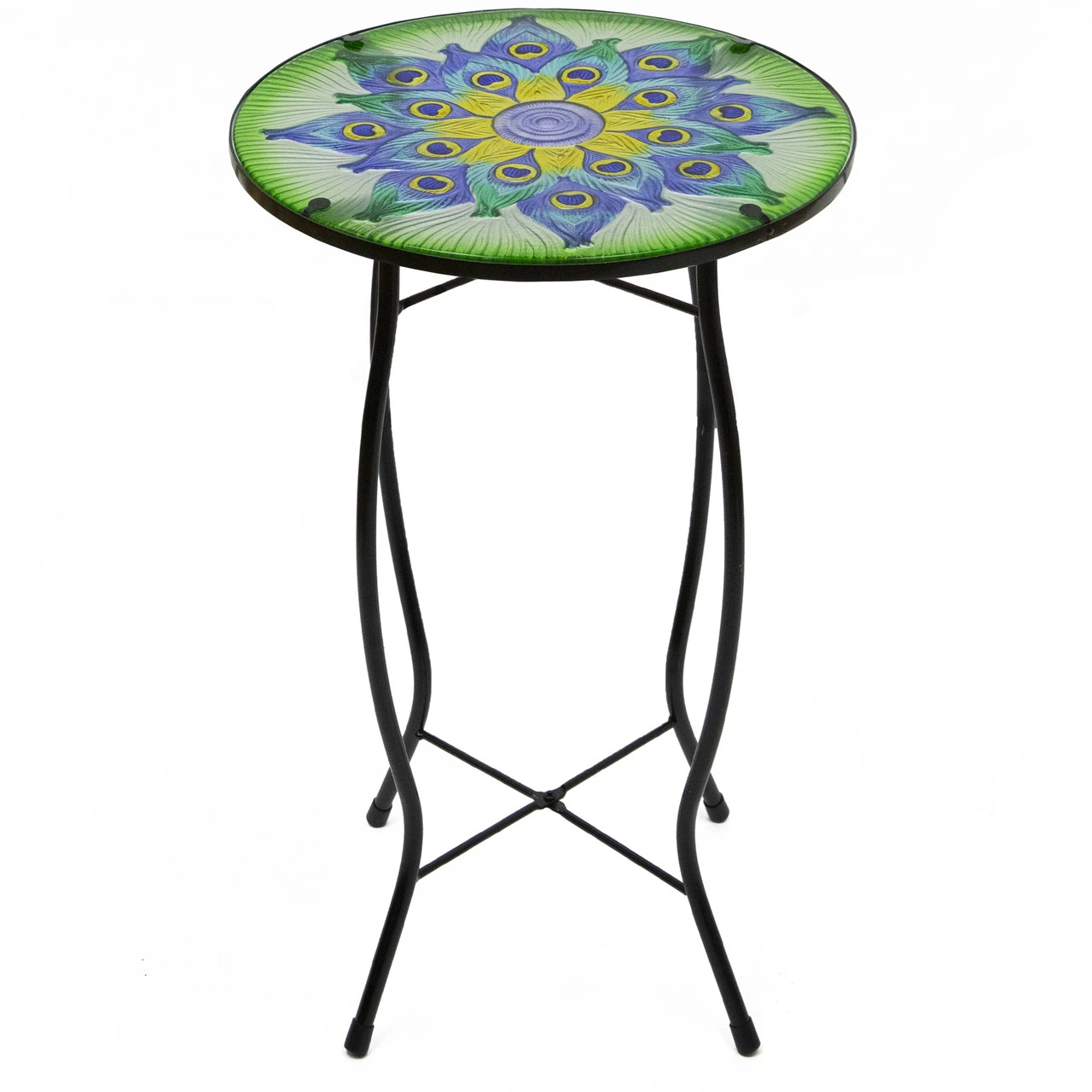 19" Green And Blue Peacock Flower Tail Glass Patio Side Table 1 19" Green And Blue Peacock Flower Tail Glass Patio Side Table