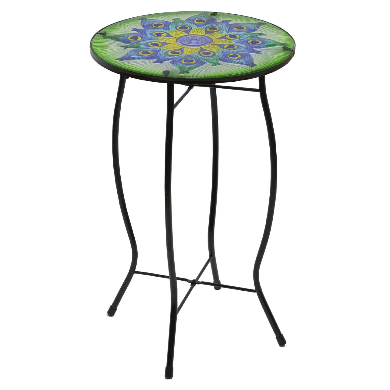 19" Green And Blue Peacock Flower Tail Glass Patio Side Table 4 19" Green And Blue Peacock Flower Tail Glass Patio Side Table - Image 4