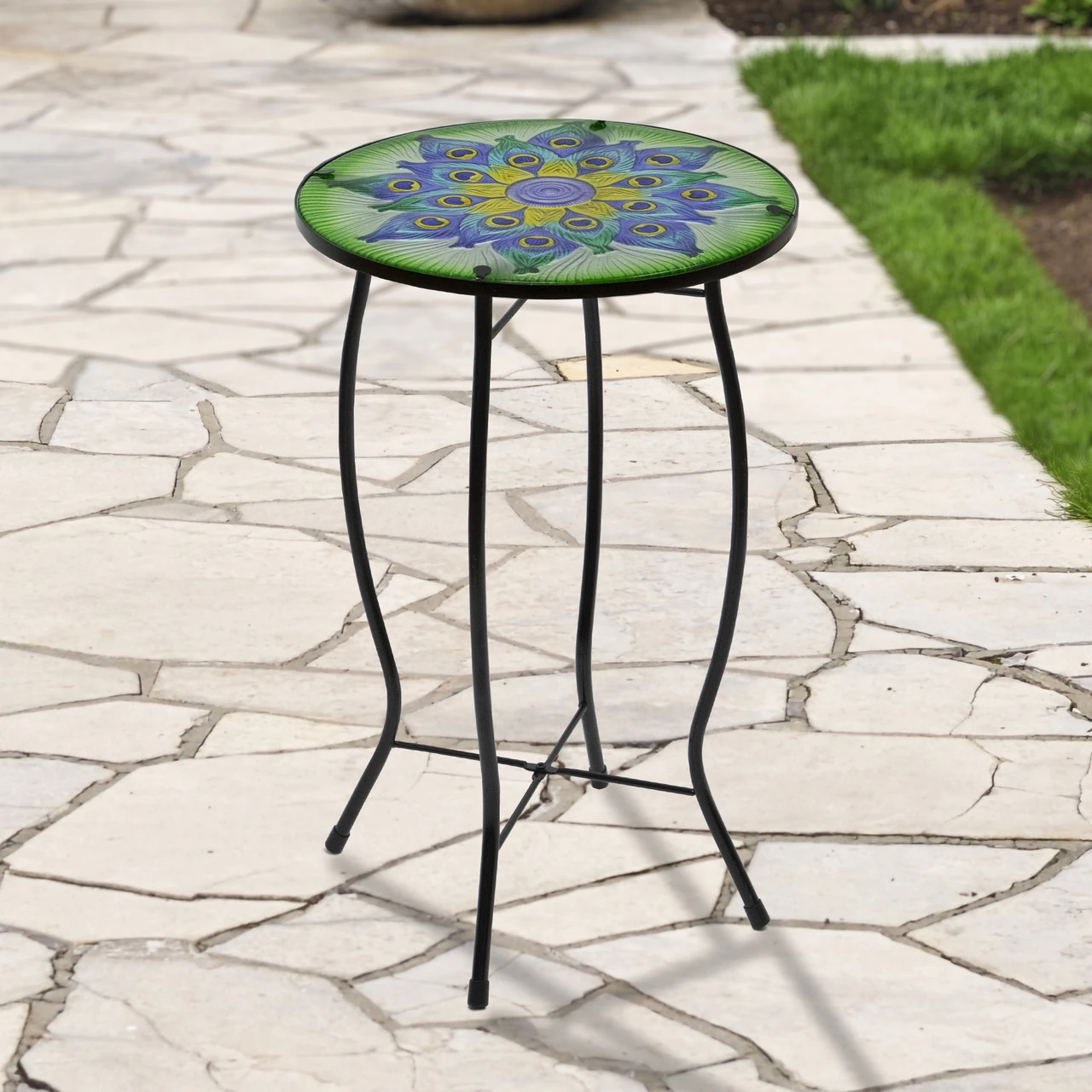 19" Green And Blue Peacock Flower Tail Glass Patio Side Table 2 19" Green And Blue Peacock Flower Tail Glass Patio Side Table - Image 2