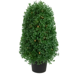 18" Pre-Lit Artificial Boxwood Cone Topiary Tree With Round Pot, Clear Lights