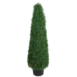 4' Pre-Lit Artificial Boxwood Cone Topiary Tree With Round Pot, Clear Lights
