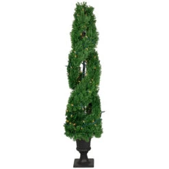 4.5' Pre-Lit Artificial Cedar Double Spiral Topiary Tree In Urn Style Pot, Clear Lights