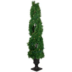 4.5' Pre-Lit Artificial Cedar Double Spiral Topiary Tree In Urn Style Pot, Clear Lights -PatioVibe Shop northlight sm93664 3 52122.1668103831
