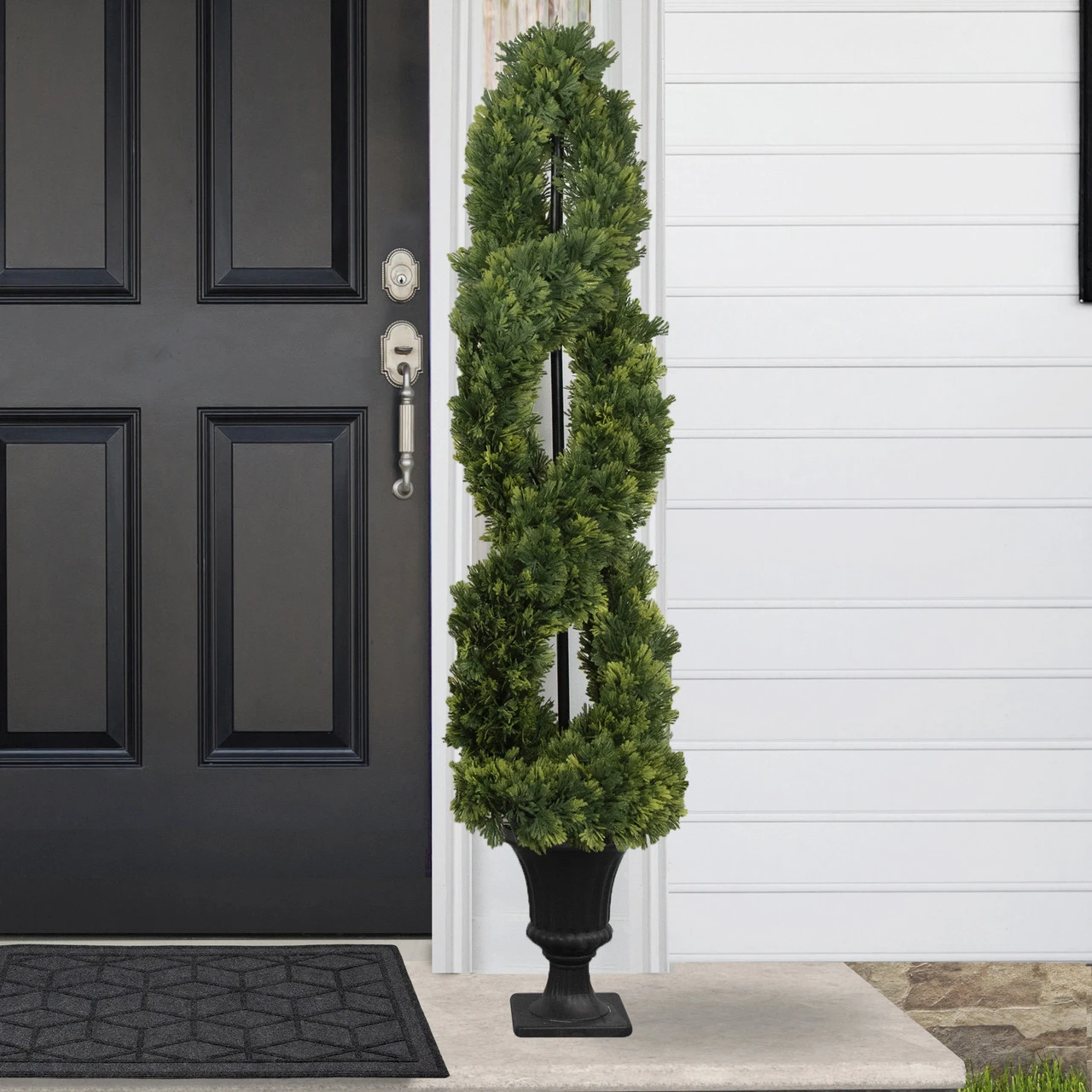 4.5' Artificial Cedar Double Spiral Topiary Tree In Urn Style Pot, Unlit 2 4.5' Artificial Cedar Double Spiral Topiary Tree In Urn Style Pot, Unlit - Image 2