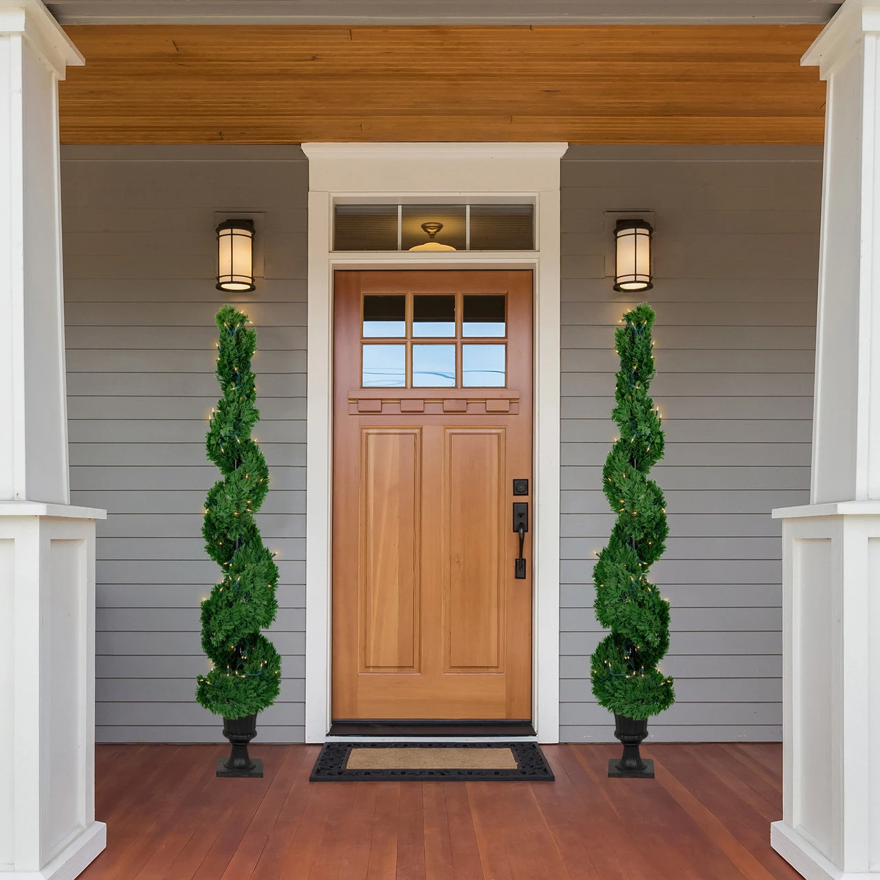 5.5' Pre-Lit Artificial Cedar Spiral Topiary Tree In Urn Style Pot, Clear Lights 2 5.5' Pre-Lit Artificial Cedar Spiral Topiary Tree In Urn Style Pot, Clear Lights - Image 2