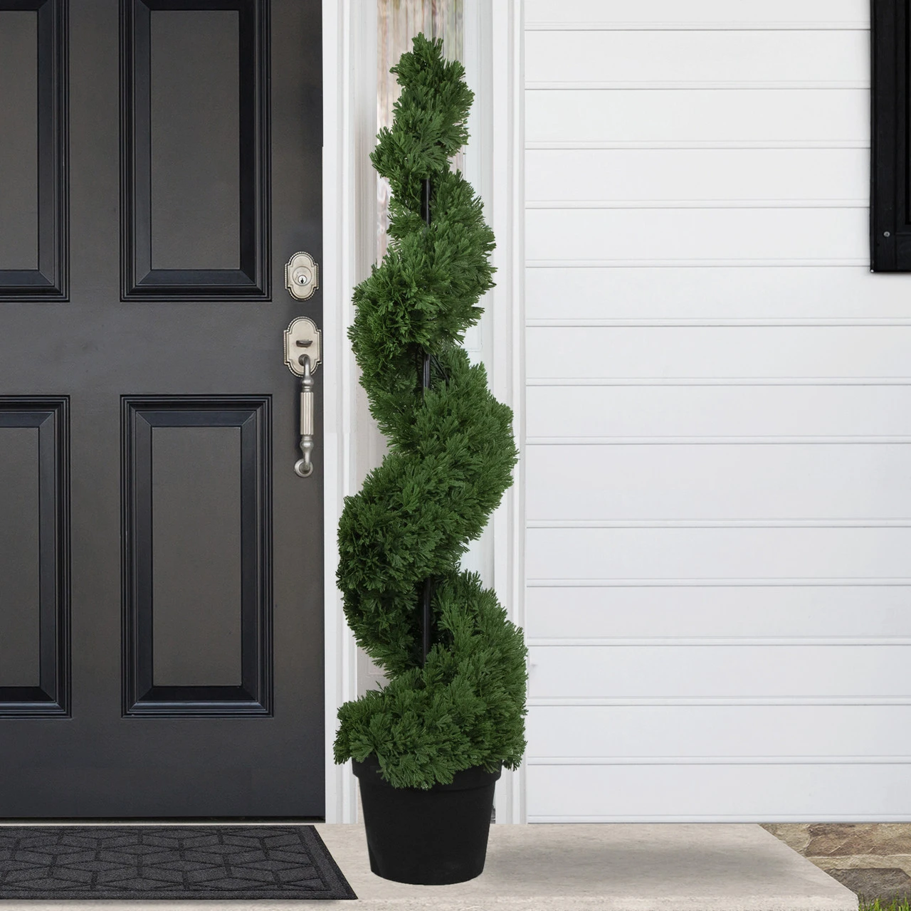 5' Artificial Cedar Spiral Topiary Tree In Black Pot, Unlit 2 5' Artificial Cedar Spiral Topiary Tree In Black Pot, Unlit - Image 2