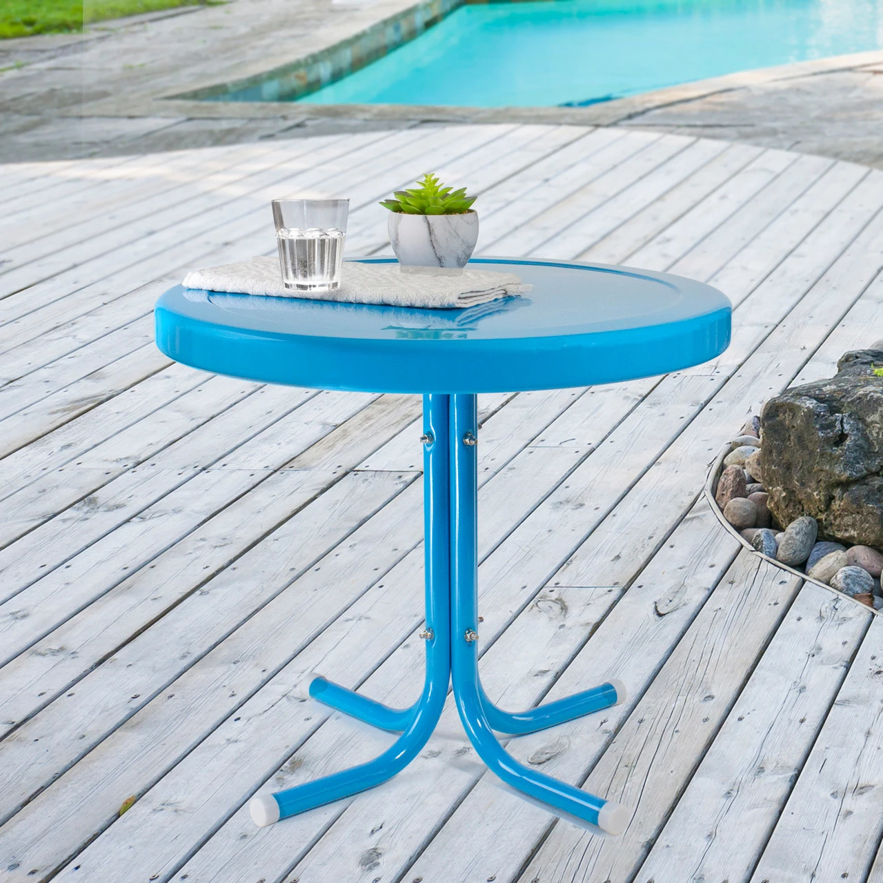 22" Round Outdoor Retro Steel Tulip Side Table, Turquoise Blue 2 22" Round Outdoor Retro Steel Tulip Side Table, Turquoise Blue - Image 2