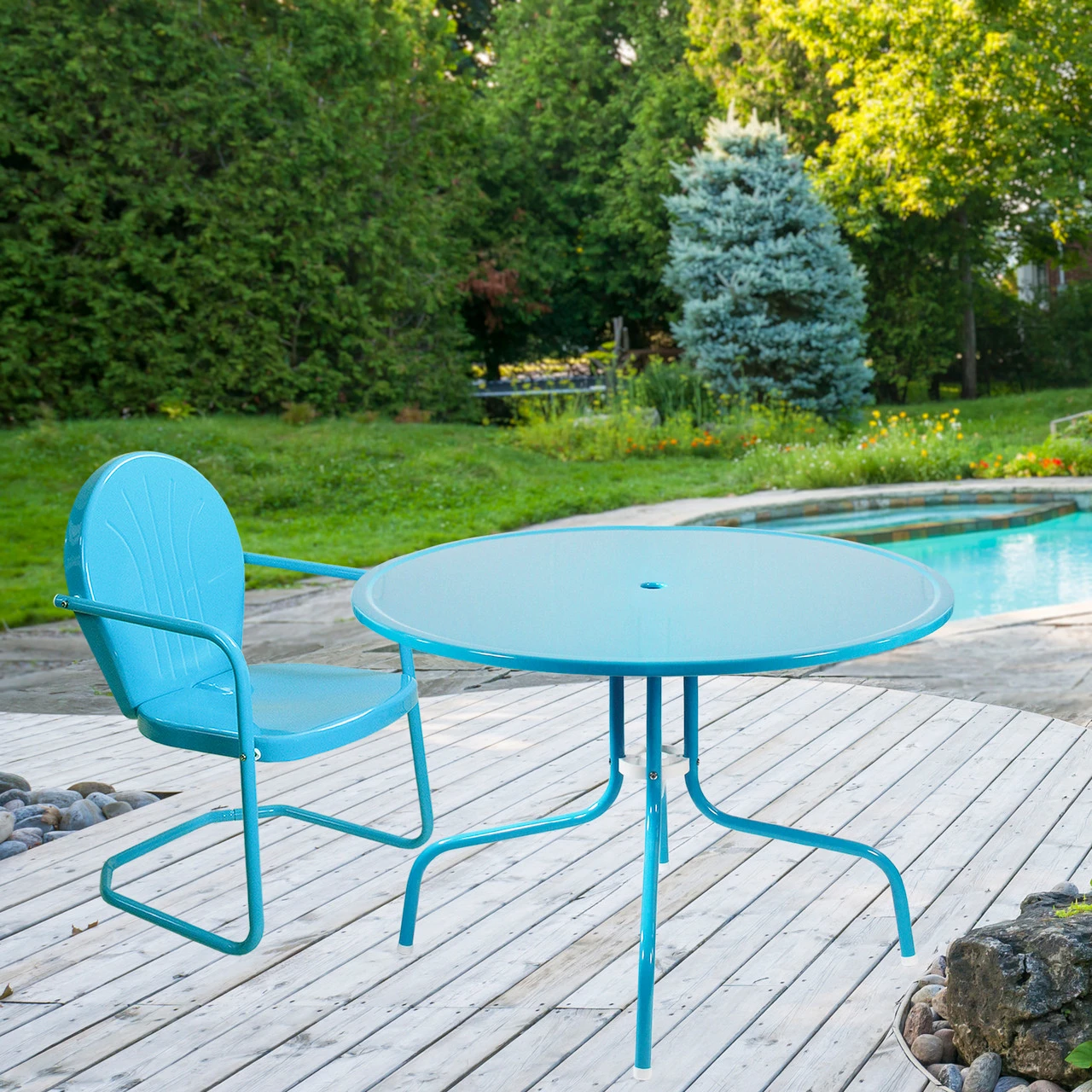 39.25-Inch Outdoor Retro Metal Tulip Dining Table, Sky Blue 2 39.25-Inch Outdoor Retro Metal Tulip Dining Table, Sky Blue - Image 2