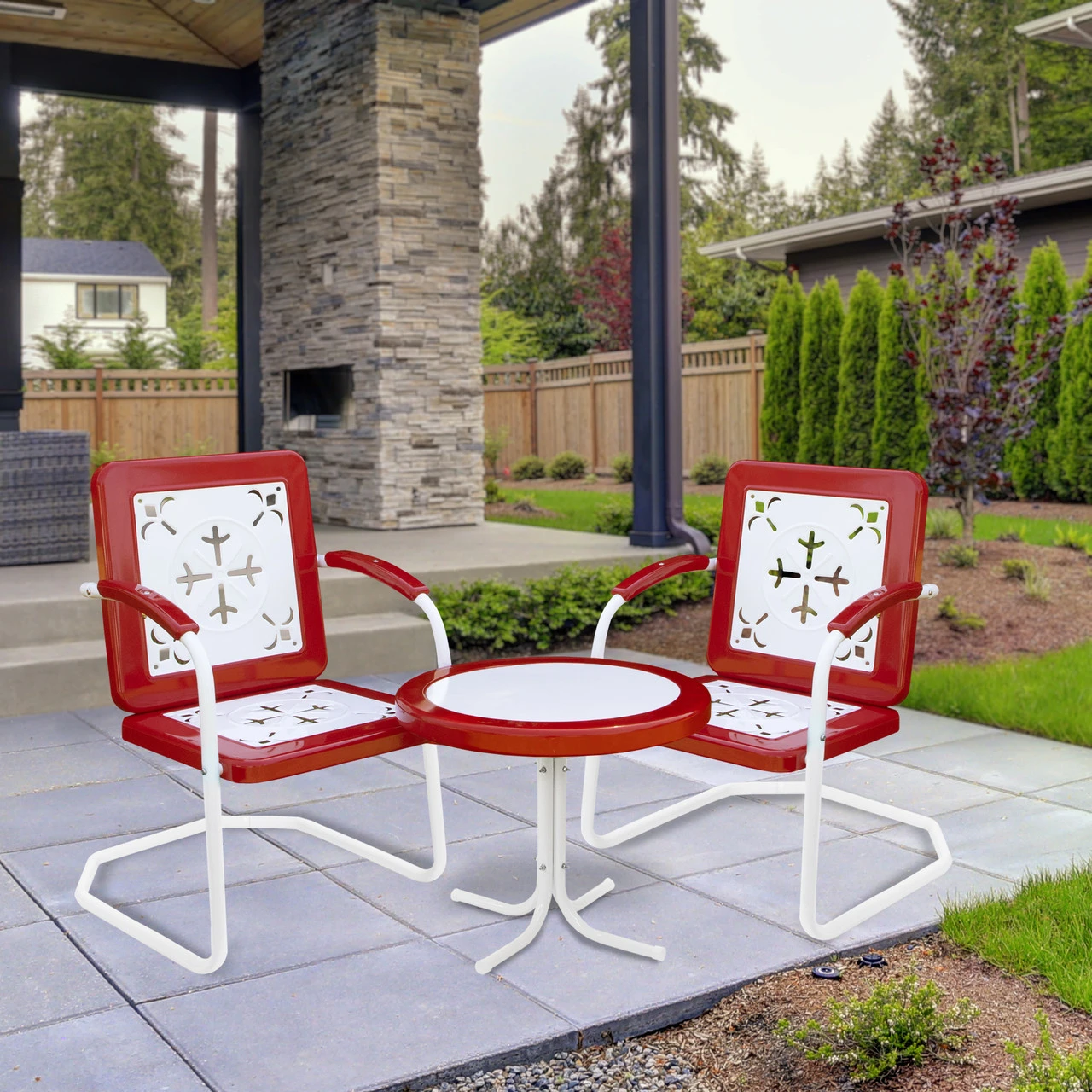 22" Outdoor Retro Tulip Side Table, Red And White 2 22" Outdoor Retro Tulip Side Table, Red And White - Image 2