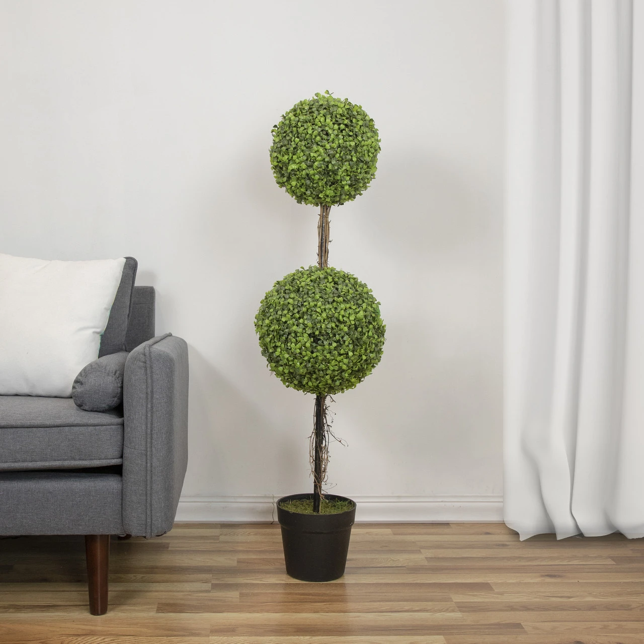48" Two Tone Green Double Sphere Artificial Boxwood Topiary Potted Plant 2 48" Two Tone Green Double Sphere Artificial Boxwood Topiary Potted Plant - Image 2