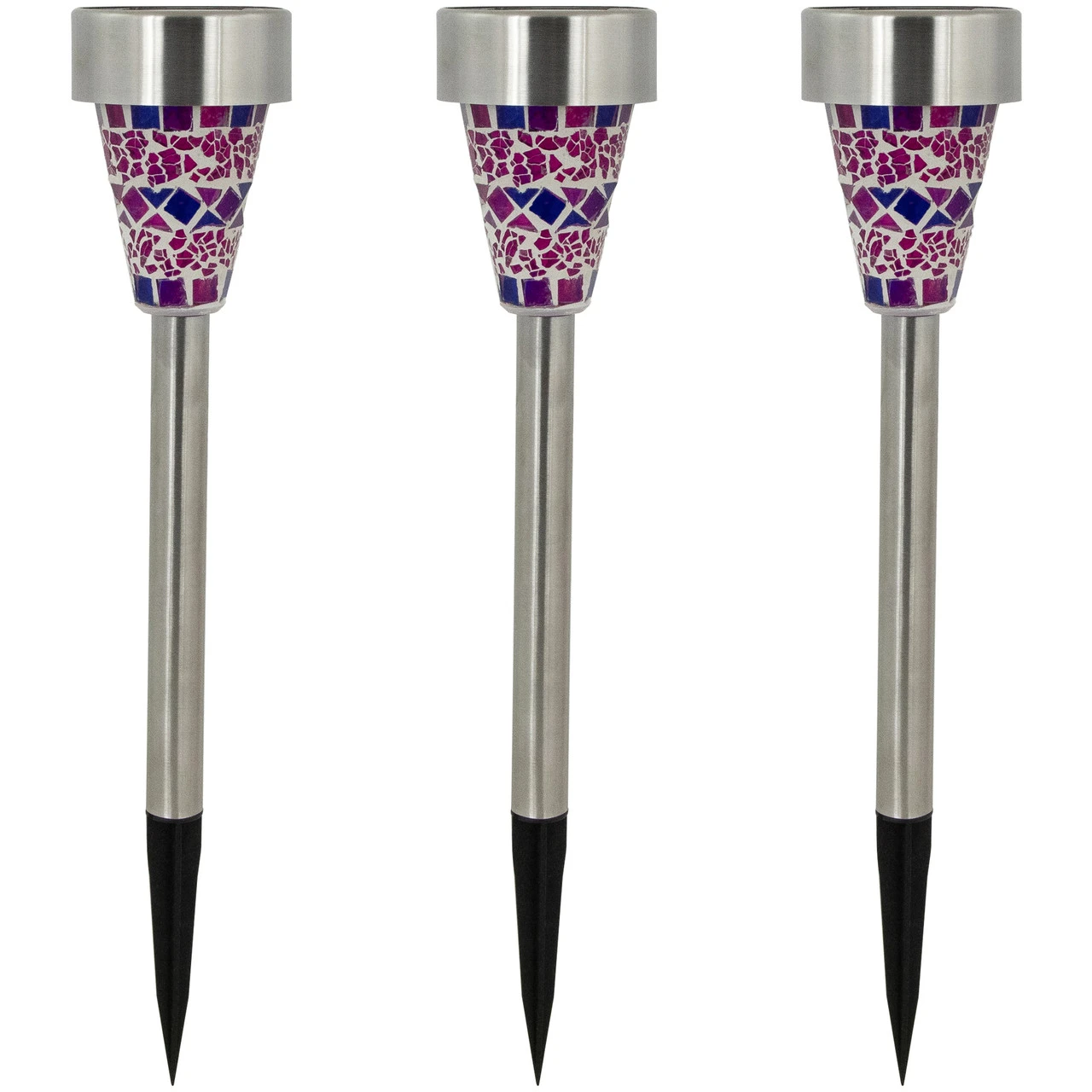 Set Of 3 Purple Mosaic Stained Glass Solar Powered LED Pathway Markers, 15.5" 1 Set Of 3 Purple Mosaic Stained Glass Solar Powered LED Pathway Markers, 15.5"
