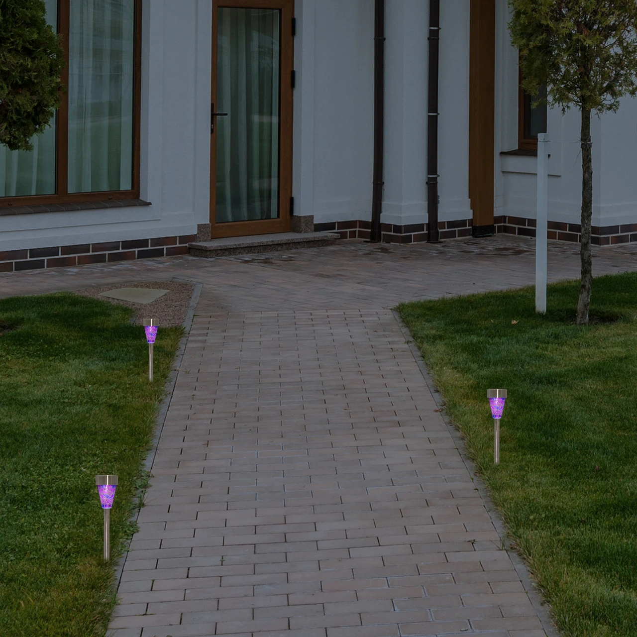 Set Of 3 Purple Mosaic Stained Glass Solar Powered LED Pathway Markers, 15.5" 2 Set Of 3 Purple Mosaic Stained Glass Solar Powered LED Pathway Markers, 15.5" - Image 2