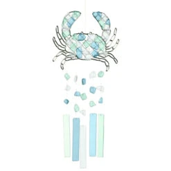Set Of 4 Light Green And Blue Crab Glass Wind Chimes 17"