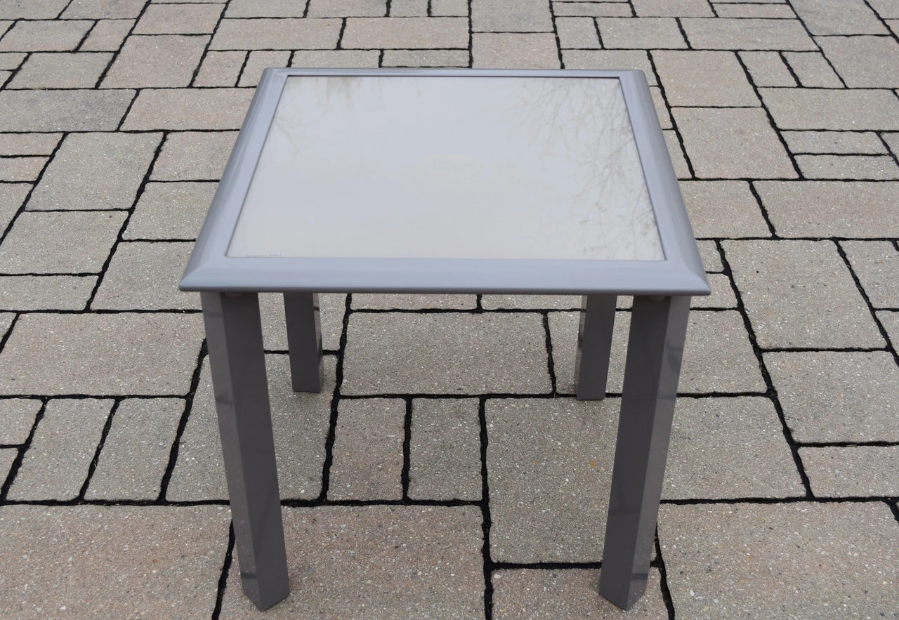 18" Sand Colored Outdoor Screen Printed Patio Glass Top Side Table 1 18" Sand Colored Outdoor Screen Printed Patio Glass Top Side Table