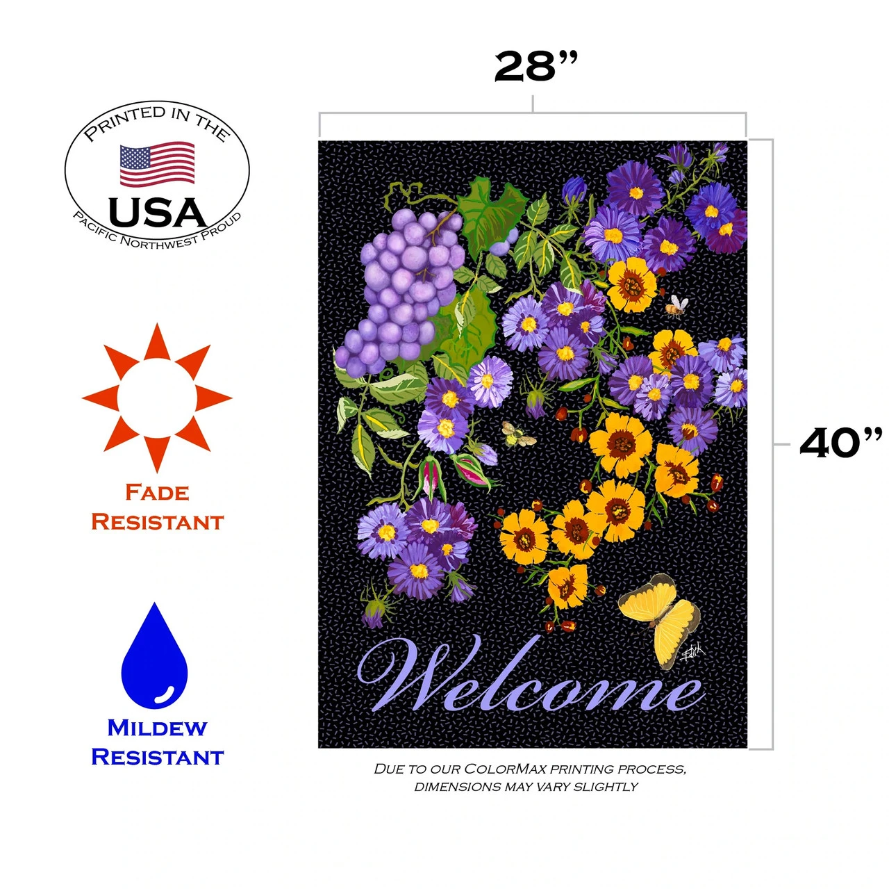 Butterfly Vineyard 'Welcome' Outdoor House Flag 40" X 28" 3 Butterfly Vineyard 'Welcome' Outdoor House Flag 40" X 28" - Image 3